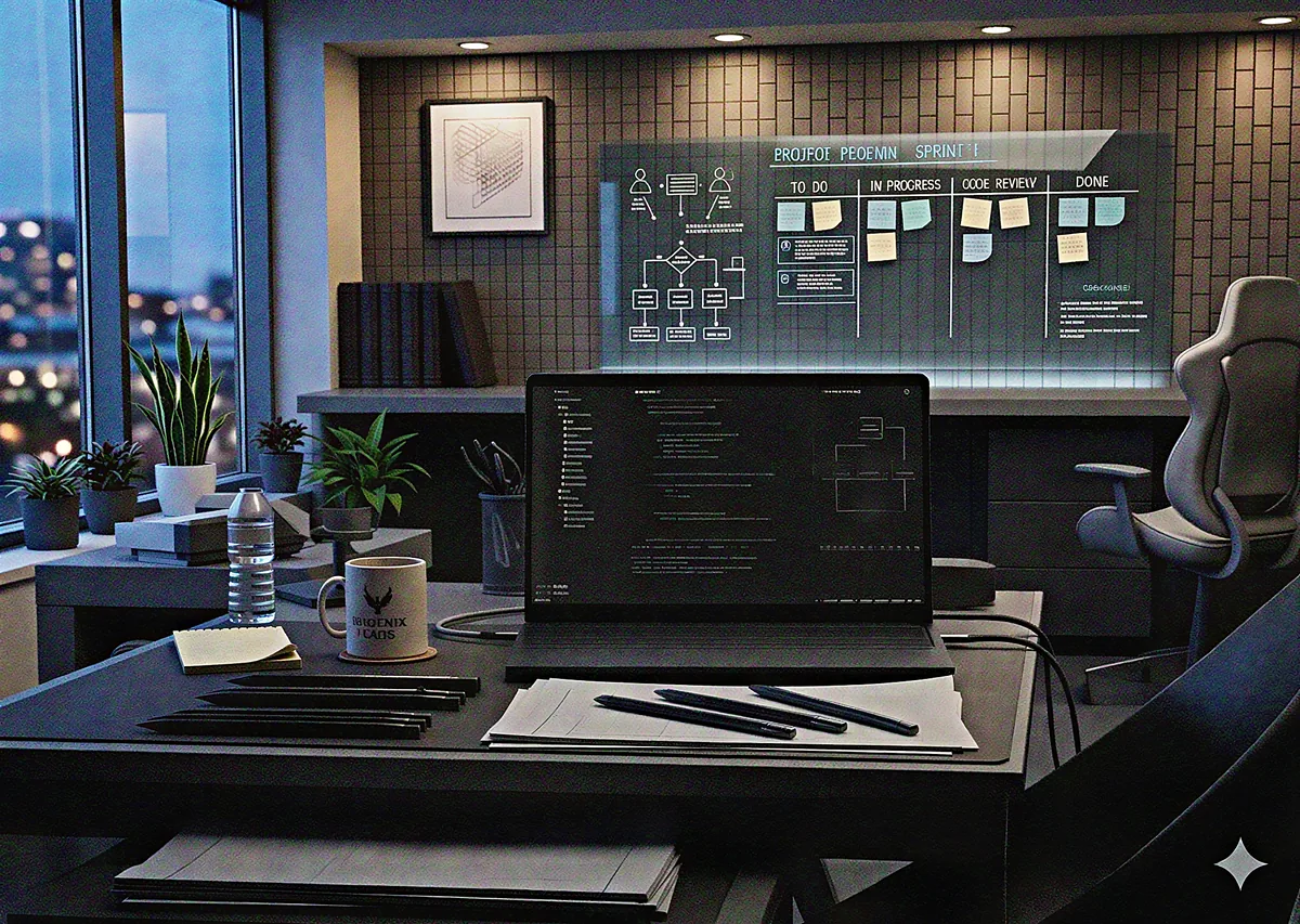 A laptop showing code and architecture diagrams on a desk, with a sprint board on a glass whiteboard in a focused workspace at dusk.