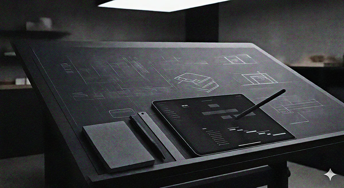 A modern workspace with a drafting table, technical system diagrams, and a tablet showing project planning software.